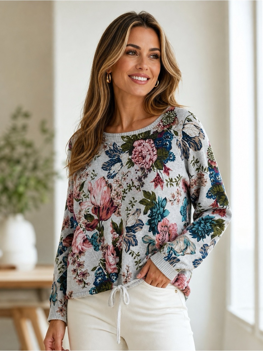 Angel of the North Floral Cashmere Blend Sweater Medium Soft Floral Knit Tie Hem